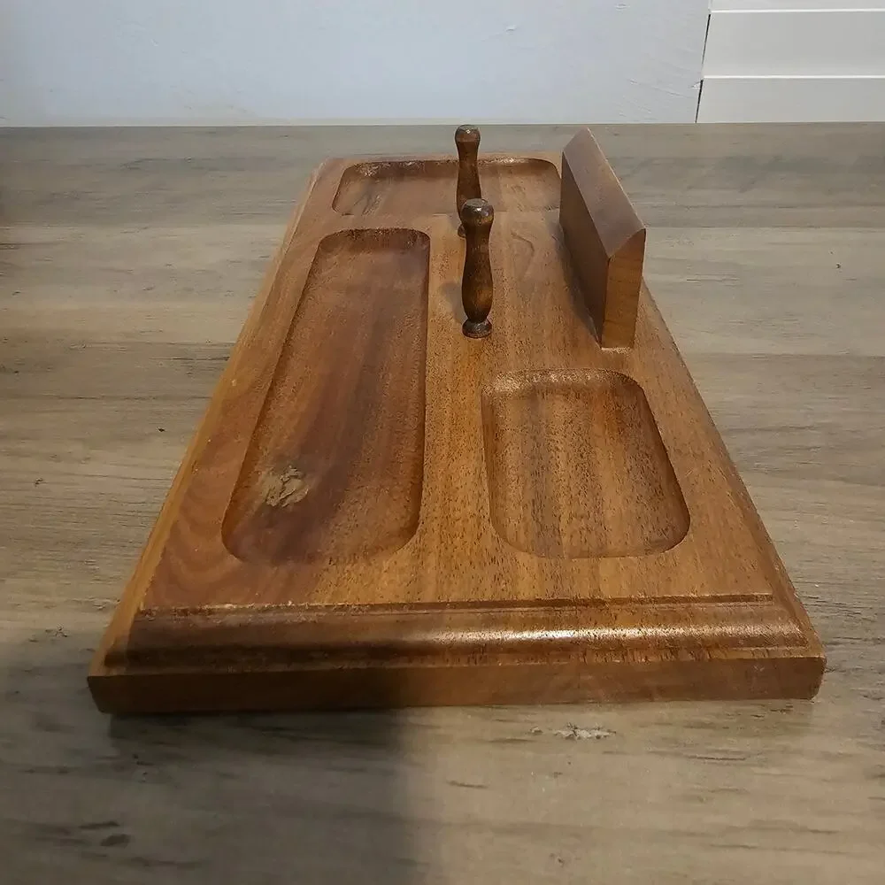 Vintage MCM Walnut Wood Mens Dresser Valet Tray Desk Catchall Organizer Caddy